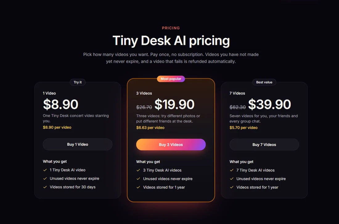 Tiny Desk AI video packs on the pricing page